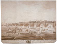 Westminster Bridge with the Lord Mayor's procession on the River Thames, London, 1783. Artist: I Wells