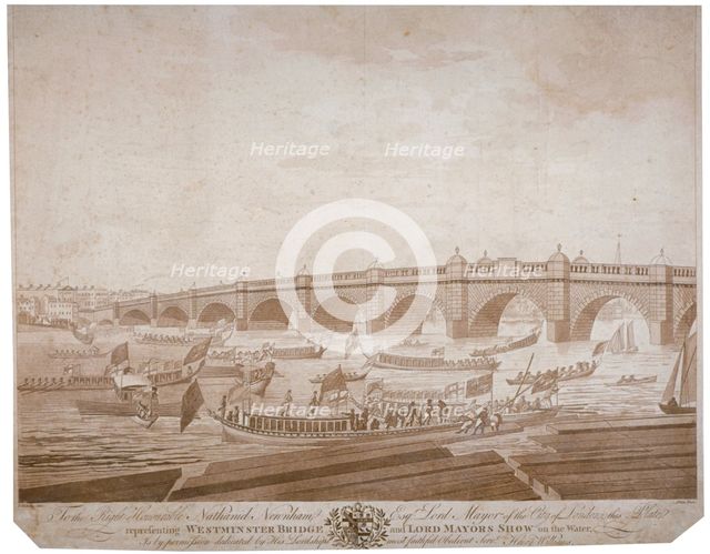 Westminster Bridge with the Lord Mayor's procession on the River Thames, London, 1783.               Artist: I Wells