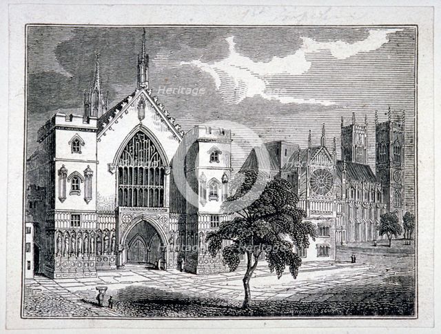 Westminster Hall from New Palace Yard with a view of Westminster Abbey, London, c1820.               Artist: W Hughes