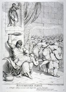 Westminster School, or Dr Busby settling accounts with Master Billy and his Playmates ... 1785. Artist: Anon