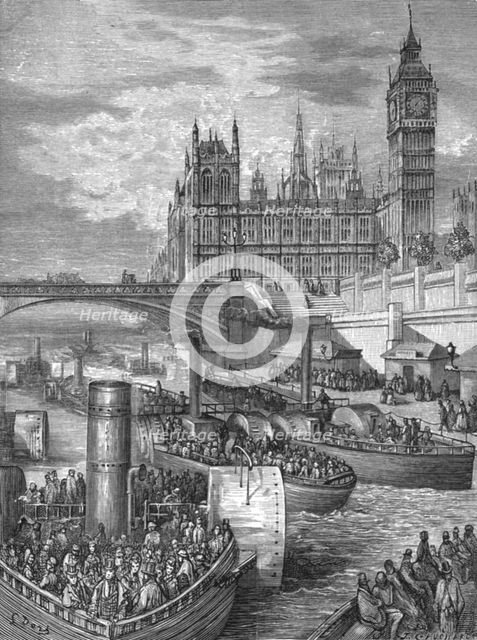 'Westminster Stairs - Steamers Leaving', 1872. Creator: Gustave Doré.