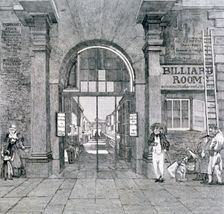 Western entrance to Exeter Change, Westminster, London, 1829 Artist: Anon
