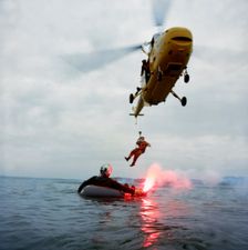 Westland Whirlwind helicopter making a rescue, 1973. Creator: Michael Walters