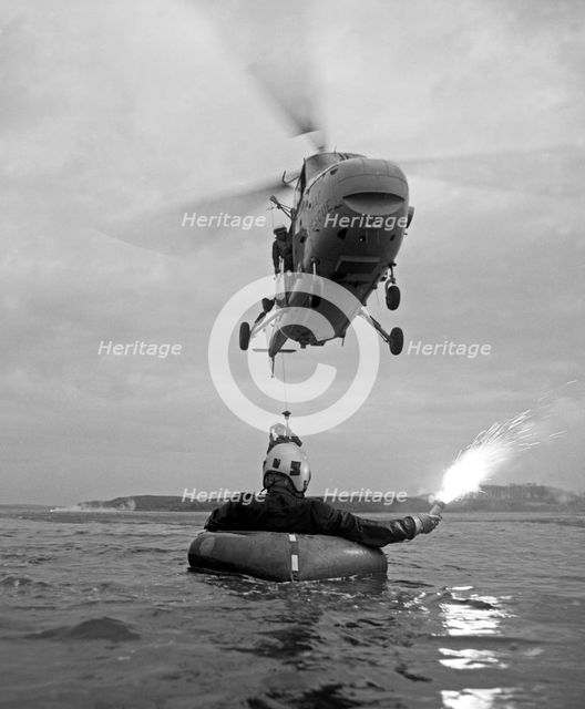 Westland Whirlwind helicopter making a rescue, 1973. Creator: Michael Walters.