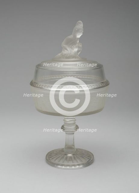 Westward Ho!/Pioneer pattern covered compote on pedestal, c. 1876. Creator: Gillinder & Sons.