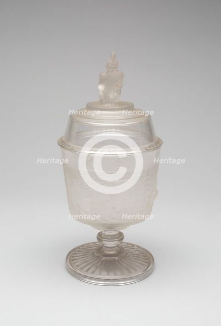 Westward Ho!/Pioneer pattern covered sugar bowl, c. 1876. Creator: Gillinder & Sons.