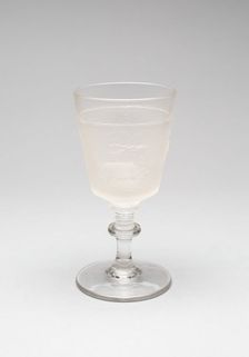Westward Ho!/Pioneer pattern goblet (fourth of a set of four), c. 1876. Creator: Gillinder & Sons