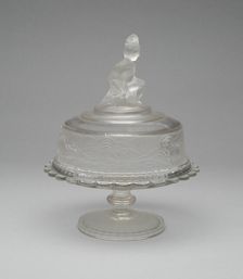 Westward Ho!/Pioneer pattern covered butter dish, c. 1876. Creator: Gillinder & Sons