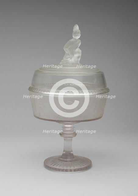 Westward Ho!/Pioneer pattern covered compote on pedestal, c. 1876. Creator: Gillinder & Sons.