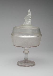 Westward Ho!/Pioneer pattern covered compote on pedestal, c. 1876. Creator: Gillinder & Sons