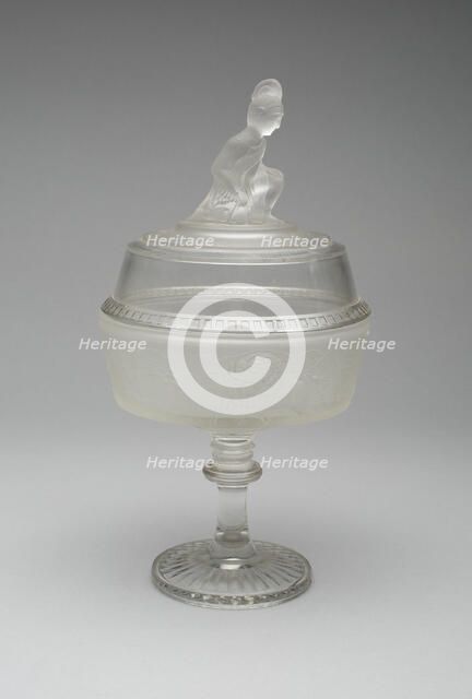 Westward Ho!/Pioneer pattern covered compote on pedestal, c. 1876. Creator: Gillinder & Sons.