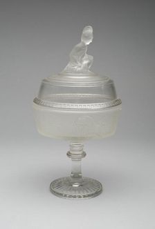 Westward Ho!/Pioneer pattern covered compote on pedestal, c. 1876. Creator: Gillinder & Sons