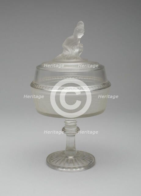 Westward Ho!/Pioneer pattern covered compote on pedestal, c. 1876. Creator: Gillinder & Sons.