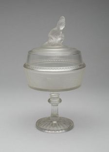 Westward Ho!/Pioneer pattern covered compote on pedestal, c. 1876. Creator: Gillinder & Sons