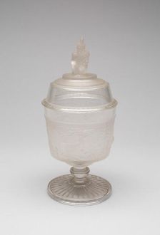 Westward Ho!/Pioneer pattern covered sugar bowl, c. 1876. Creator: Gillinder & Sons