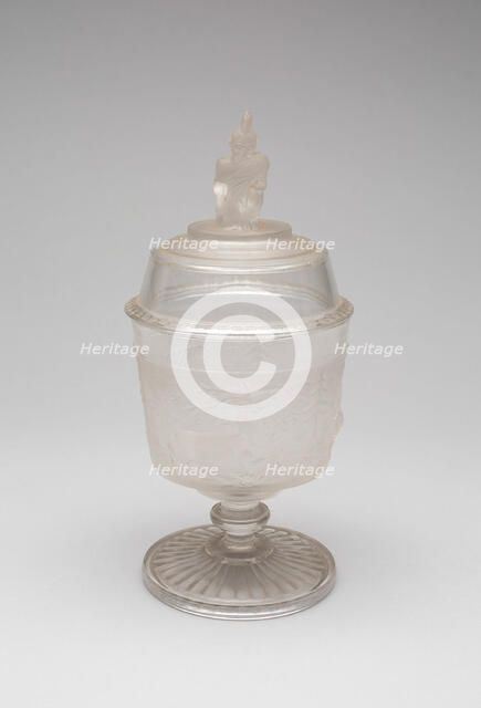 Westward Ho!/Pioneer pattern covered sugar bowl, c. 1876. Creator: Gillinder & Sons.