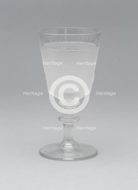 Westward Ho!/Pioneer pattern cordial glass, 1881. Creator: Gillinder & Sons.