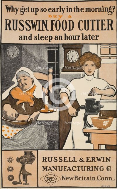 Why get up so early [..] Buy a Russwin food cutter [..], c1895 - 1917. Creator: Unknown.