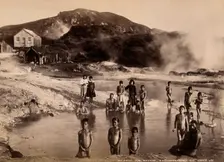 Whakarewrewa, New Zealand: a group of Maori people, thermal baths,..., c1880s. Creator: Unknown