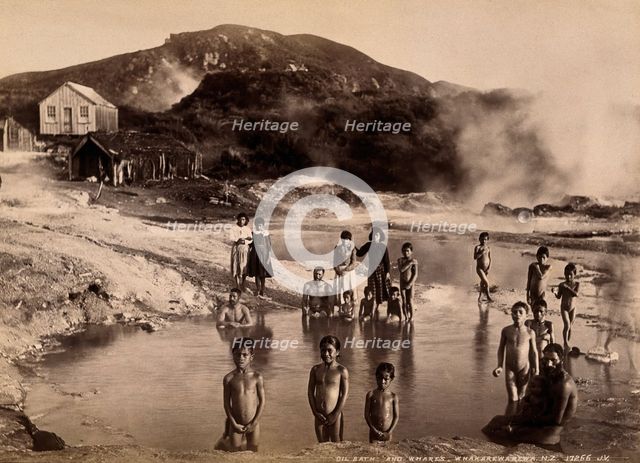 Whakarewrewa, New Zealand: a group of Maori people, thermal baths,..., c1880s. Creator: Unknown.