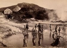 Whakarewrewa, New Zealand: a group of Maori people, thermal baths,..., c1880s. Creator: Unknown