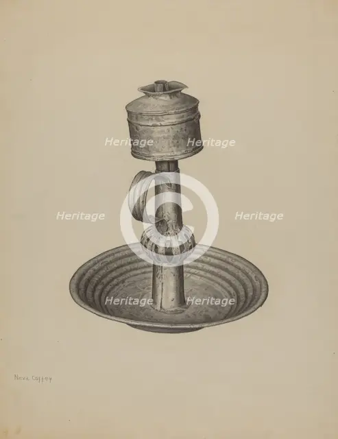 Whale Oil Peg Lamp and Stand, c. 1940. Creator: Neva Coffey.