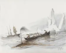 Whales by an ice floe, 1830-1860. Creator: Albertus van Beest