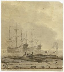 Whaling Ships and Small Boats with Whale, 1769. Creator: Cornelis Ouboter van der Grient