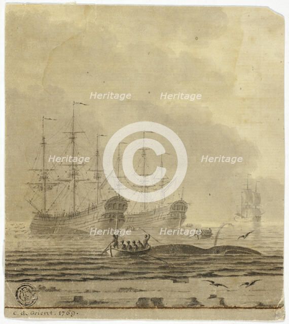 Whaling Ships and Small Boats with Whale, 1769. Creator: Cornelis Ouboter van der Grient.
