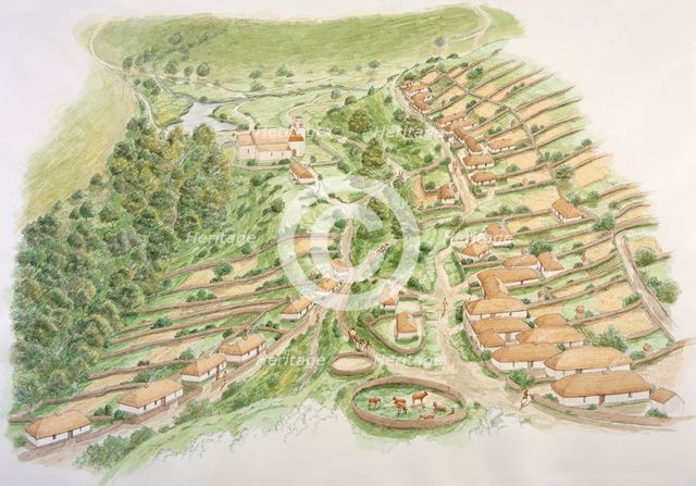 Wharram Percy medieval village, North Yorkshire, 13th century (c2000s). Artist: Stephen Conlin.