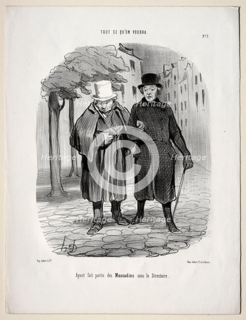 What you will, plate 7: Having taken the part of dandies under the Directory, 1847. Creator: Honoré Daumier (French, 1808-1879).