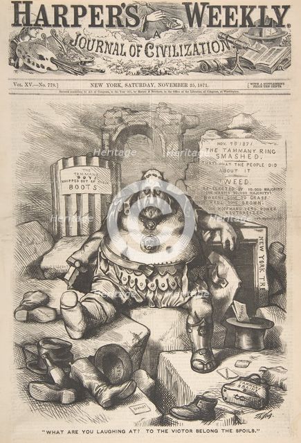 What are You Laughing at? To the Victor Belong the Spoils (from Harper's Week..., November 25, 1871. Creator: Thomas Nast.