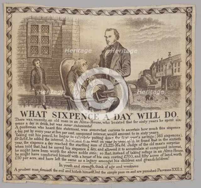 "What Sixpence a Day Will Do"-picture printed on fabric, 19th century. Creator: Unknown.
