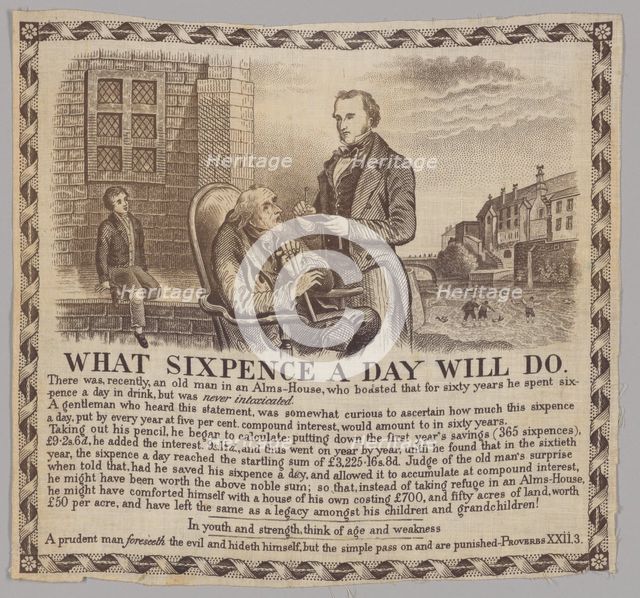 "What Sixpence a Day Will Do"-picture printed on fabric, 19th century. Creator: Unknown.