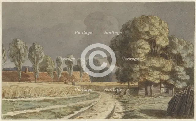 Wheat field between houses under a threatening thunderstorm in Hilversum, 1853-1858. Creator: Hendrik Abraham Klinkhamer.
