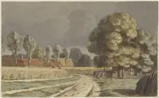 Wheat field between houses under a threatening thunderstorm in Hilversum, 1853-1858. Creator: Hendrik Abraham Klinkhamer