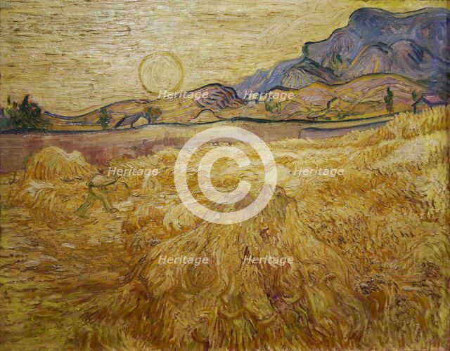 Wheat field with reaper and sun, 1889. Creator: Gogh, Vincent, van (1853-1890).