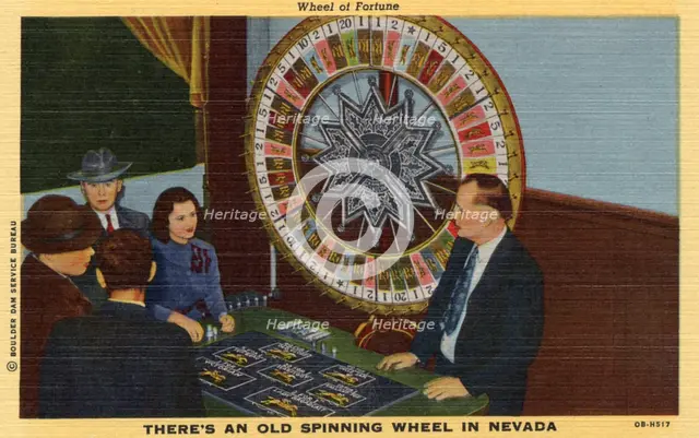 'Wheel of Fortune. There's an Old Spinning Wheel in Nevada', postcard, 1940. Artist: Unknown