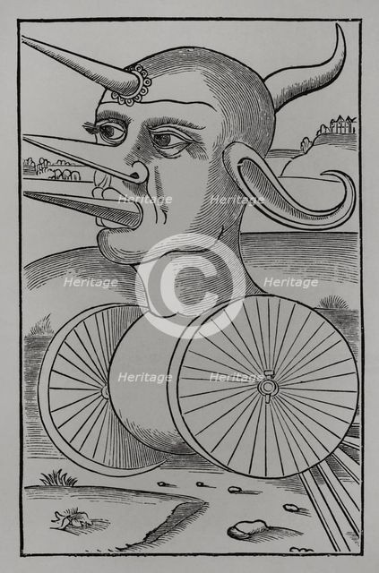 Wheeled war machine for breaking enemy ranks or crushing soldiers, 1532, (1877).  Creator: Unknown.