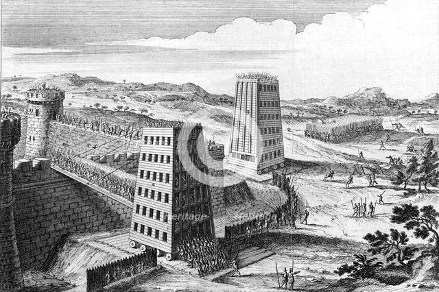Wheeled siege towers and bridges, 13th century (18th century). Artist: Unknown