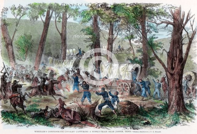 'Wheeler's Confederate cavalry capturing a supply train near Jasper, Tennessee', c1863. Artist: Unknown