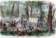 Wheeler's Confederate cavalry capturing a supply train near Jasper, Tennessee c1863