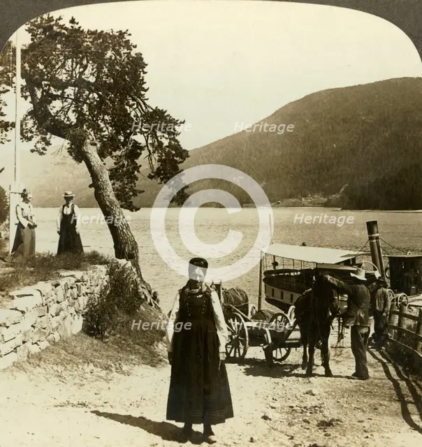 'When the lake steamer calls at Tinoset pier - view across Tinsjo to the hills, Norwway', c1905. Creator: Unknown.