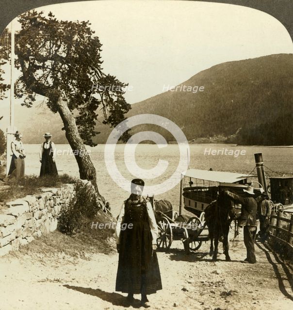'When the lake steamer calls at Tinoset pier - view across Tinsjo to the hills, Norwway', c1905. Creator: Unknown.