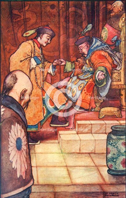 'When the young man have fallen at his feet, the Sultan held him by the hand', c1930. Creator: W Heath Robinson.
