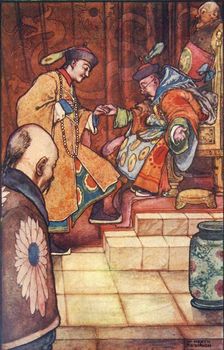 When the young man have fallen at his feet, the Sultan held him by the hand c1930. Creator: W Heath Robinson