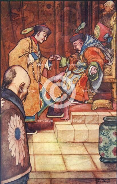 'When the young man have fallen at his feet, the Sultan held him by the hand', c1930. Creator: W Heath Robinson.