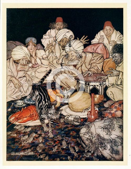 When Puss saw the rats and mice, she didn't wait to be told, from English Fairy Tales, pub. 1922. Creator: Arthur Rackham (1867 - 1939).