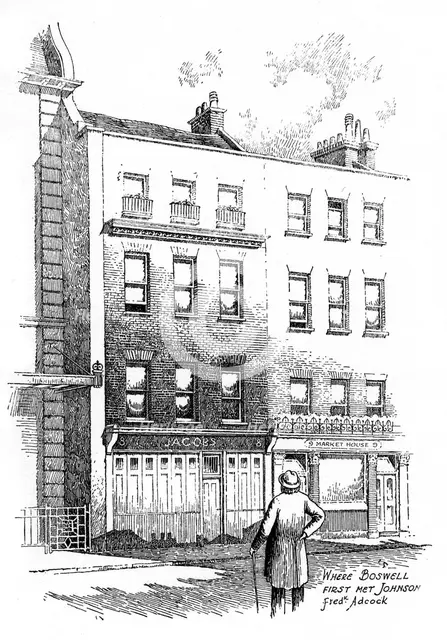 Where James Boswell first met Dr Johnson, London, (1912). Artist: Frederick Adcock
