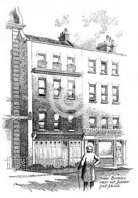Where James Boswell first met Dr Johnson, London, (1912). Artist: Frederick Adcock